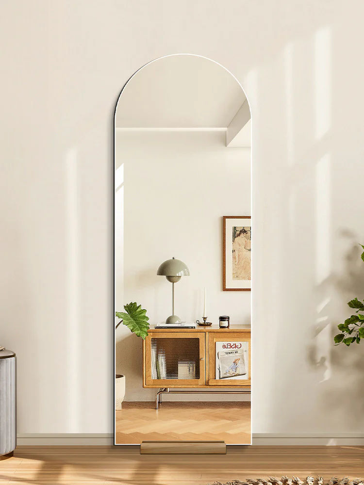 Frameless Floor Mirror with Wooden Base